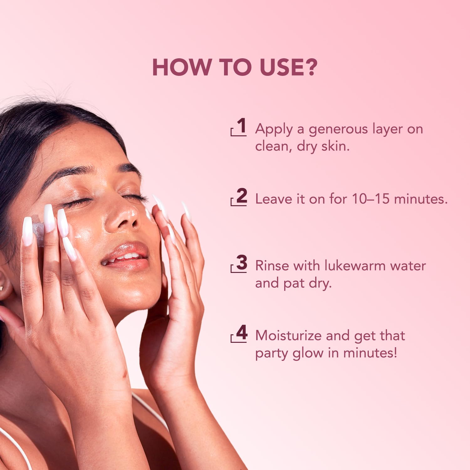 Woman applying skincare product with step-by-step instructions on a pink background