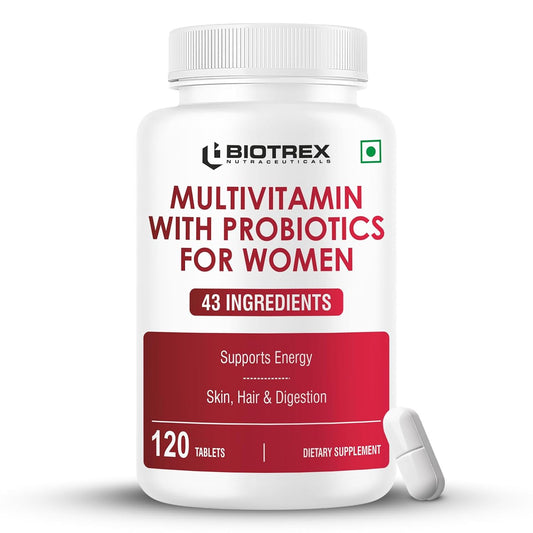 Biotrex Nutraceuticals Multivitamin With Probiotics For Women | Combination of 43 Ingredients | Enhances Energy & Strong Immune Function | Antioxidant | Hair, Skin & Nails | Purity Tested - 120 Tablets