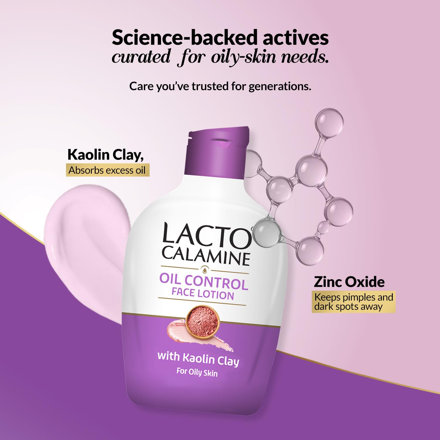 Lacto Calamine oil control face lotion bottle with scientific claims on a purple and pink background