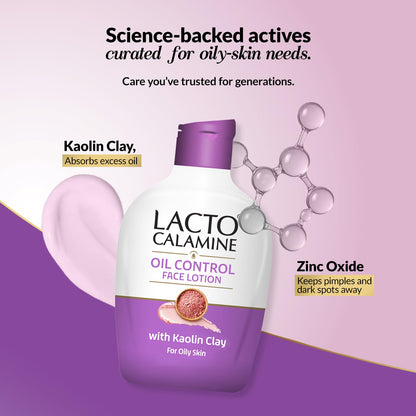 Lacto Calamine oil control face lotion bottle with scientific claims on a purple and pink background