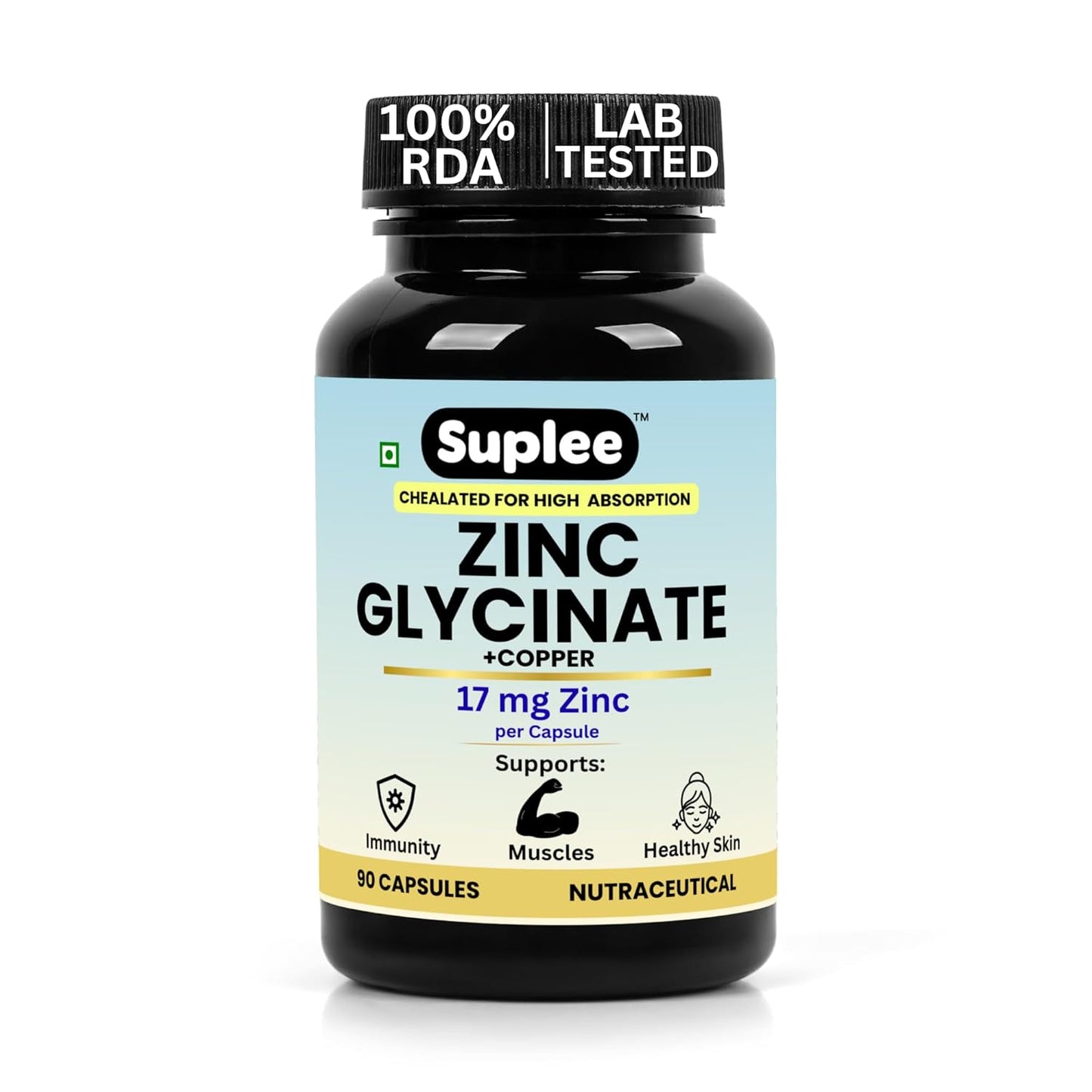 Suplee Zinc Glycinate with Copper Supplement | 17mg Zinc & 1.7mg Copper | High Absorption Chelated Formula for Immunity, Skin & Muscle Health | 90 Veg Capsules (Lab Tested)