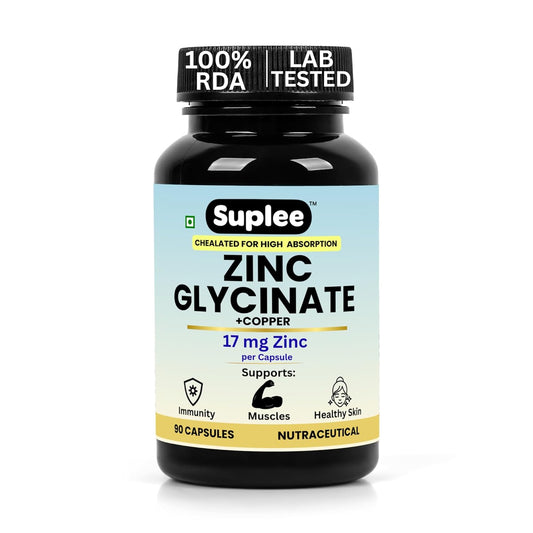 Suplee Zinc Glycinate with Copper Supplement | 17mg Zinc & 1.7mg Copper | High Absorption Chelated Formula for Immunity, Skin & Muscle Health | 90 Veg Capsules (Lab Tested)