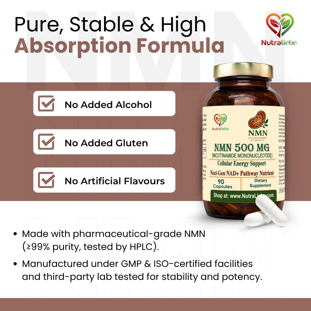 Nutraliebe NMN (β-Nicotinamide Mononucleotide) 500 mg – NAD+ Precursor for Cellular Energy, Anti-Aging & DNA Repair | Supports Brain, Metabolism & Mitochondrial Health | 90 Veg Capsules | Non-GMO & Gluten-Free