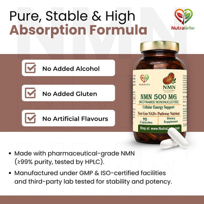 Nutraliebe NMN (β-Nicotinamide Mononucleotide) 500 mg – NAD+ Precursor for Cellular Energy, Anti-Aging & DNA Repair | Supports Brain, Metabolism & Mitochondrial Health | 90 Veg Capsules | Non-GMO & Gluten-Free