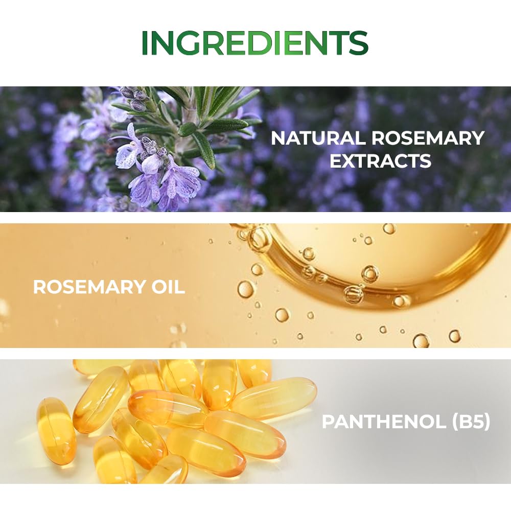 Ingredients list with natural rosemary extracts, rosemary oil, and panthenol (B5) shown on a white background.