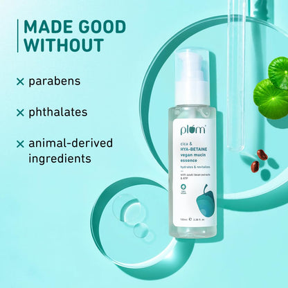 Plum Cica & HYA-BETAINE Vegan Mucin Essence | Intense Hydration, Soothing & Rejuvenation | with Azuki Bean Extracts & ATP | Light, Quick-Absorbing & Non-Sticky | All Skin Types | Women & Men | 100ml
