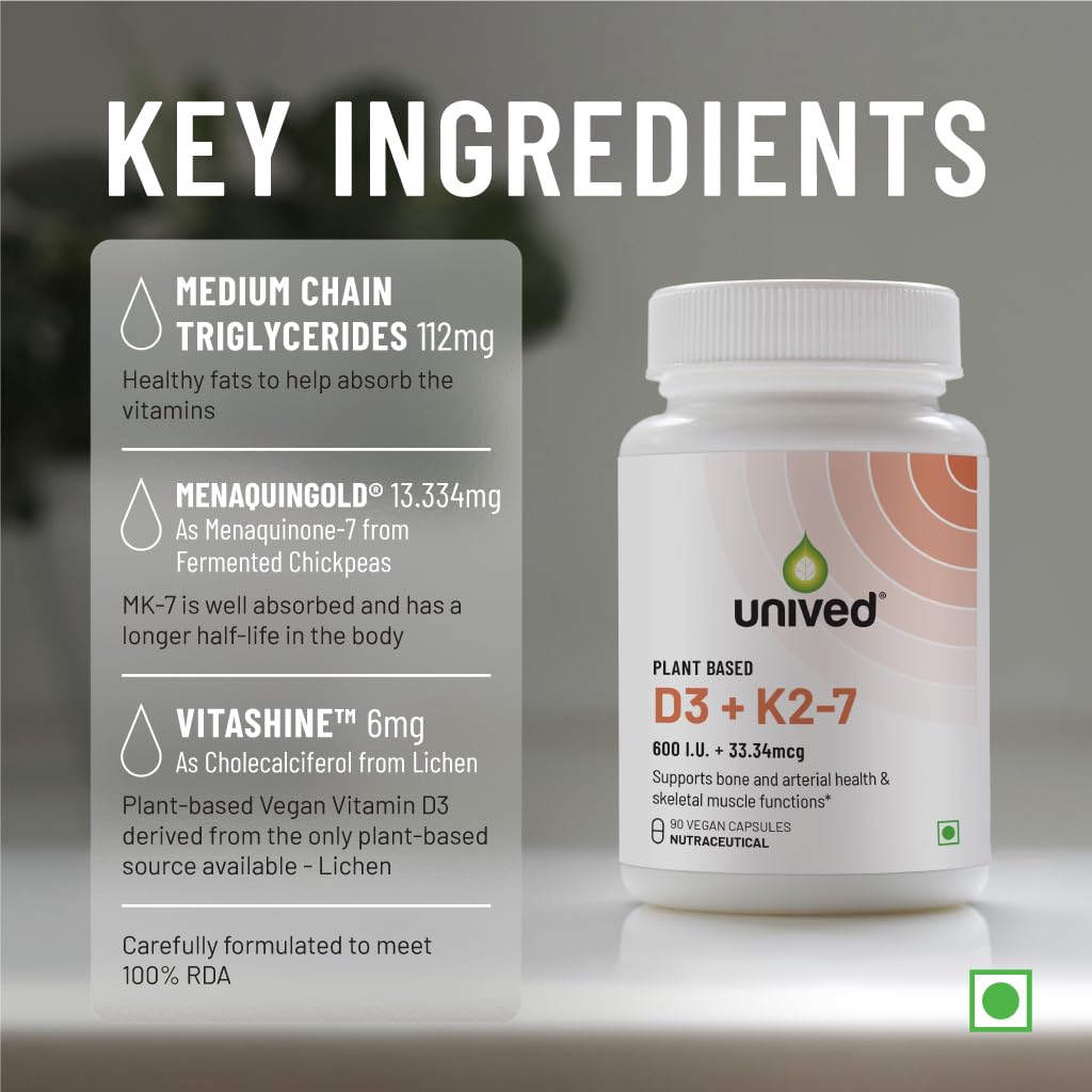 Zephivo Unived D3+K2 (MK-7) | Vegan Vitamin D3 & Vitamin K2-7 (MenaquinGold) | Immunity, Heart, Muscle, & Bone Health | Plant-Based & Natural | 90 Vegan Capsules
