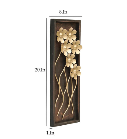 Premium Golden Floral Metal Wall Decor with Antique Brown Rectangular Frame | 3D Flower Wall Art Hanging for Living Room, Bedroom, Hallway & Home Decoration