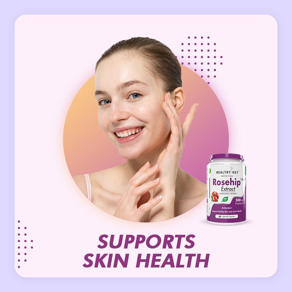 Woman touching her face with a bottle of Healthy Net Rosehip Extract on a light purple background