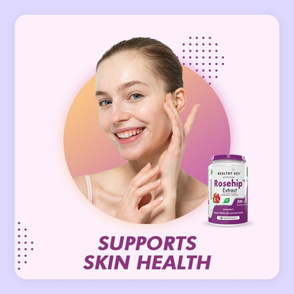 Woman touching her face with a bottle of Healthy Net Rosehip Extract on a light purple background
