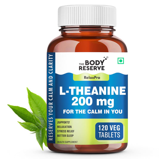 Body Reserve L-Theanine 200 mg supplement bottle with green leaves on a white background