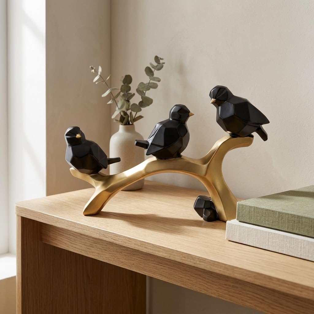 Artistic Geometric Bird Figurine on Branch for Home & Office Décor | Contemporary Black & Gold Sculptural Showpiece for Living Room, Shelf & Console Styling (29.5 cm)