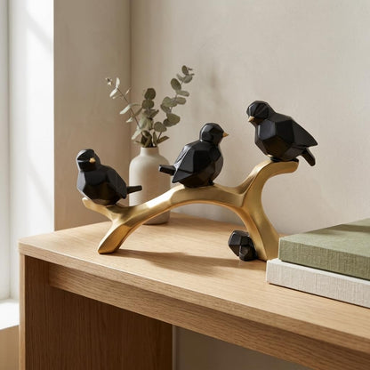 Artistic Geometric Bird Figurine on Branch for Home & Office Décor | Contemporary Black & Gold Sculptural Showpiece for Living Room, Shelf & Console Styling (29.5 cm)