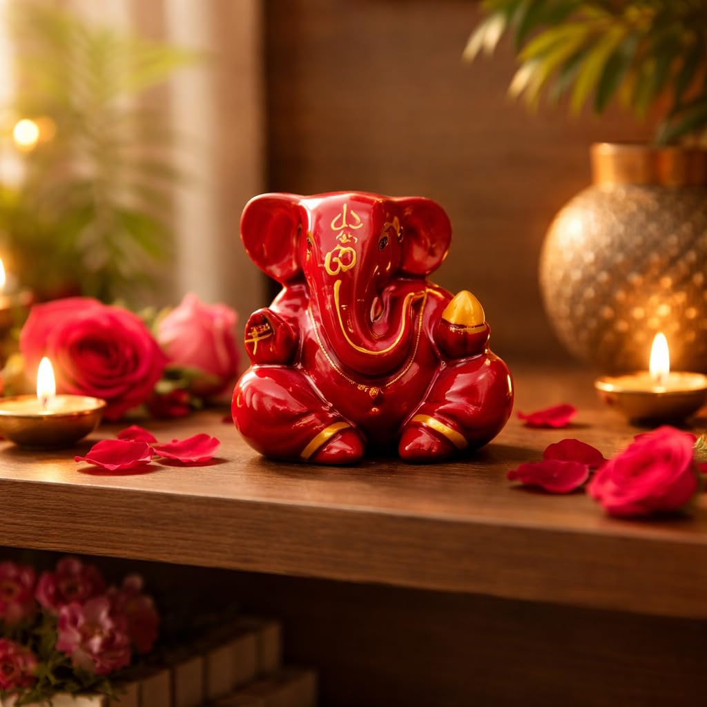 Resin Lord Ganesha Idol Car Dashboard 5x5cm (Red)