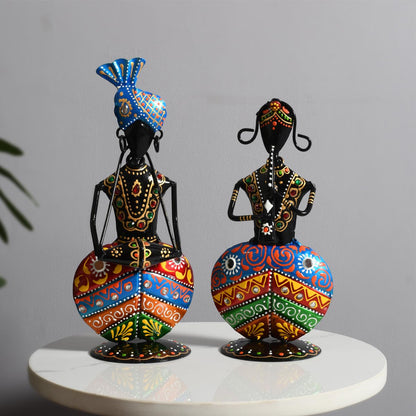 Handcrafted Rajasthani Musician Couple Showpiece Set of 2 | Traditional Metal Folk Art Figurines | Handmade Ethnic Home Decor for Living Room, Office, Shelf & Tabletop | Housewarming Gift
