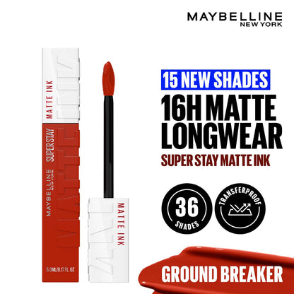 Maybelline New York Superstay Matte Ink Liquid Lipstick, Ground Breaker | No budge bold color for 16H | Transferproof, Waterproof, Foodproof | Brown skin friendly