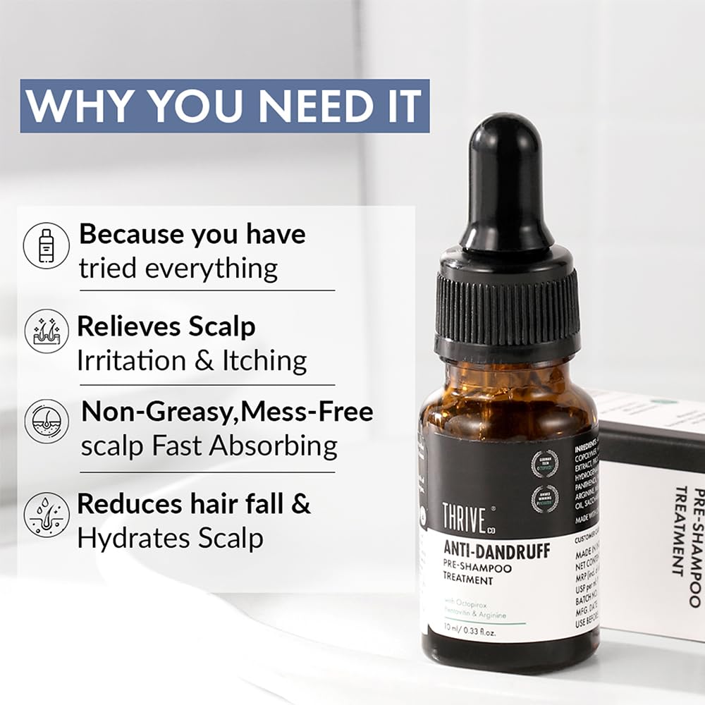 Bottle of Thrive Anti-Dandruff Pre-Shampoo Treatment with text highlighting its benefits on a white background.