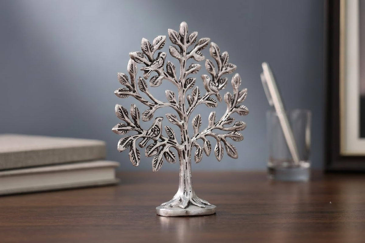 Metal Kalpavriksha Tree for Home Decor - Golden Wish Fulfilling Tree Metal Showpiece for Temple, Vastu, Office Table & Gifting Banyan (No 0 Silver)