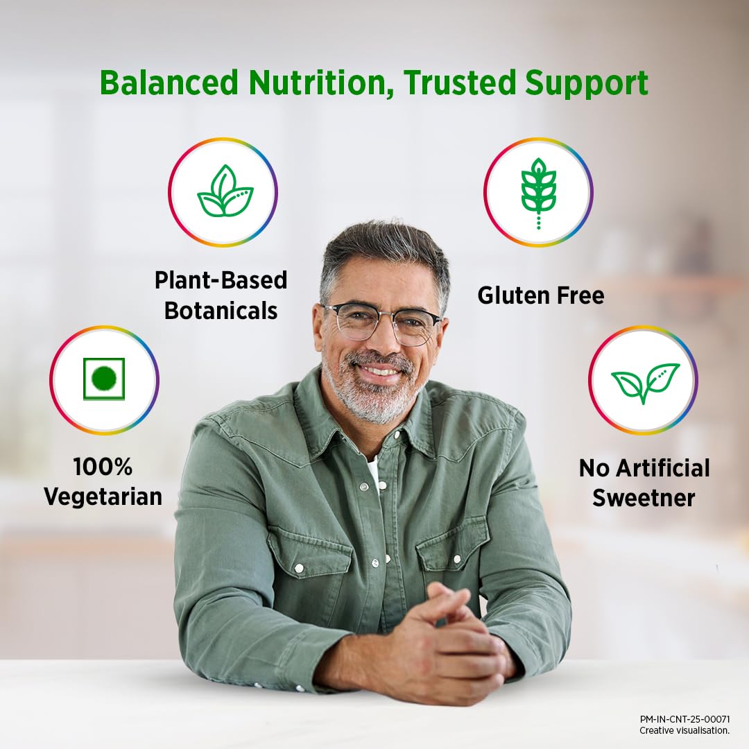 Man in a green shirt with balanced nutrition and trusted support icons around him.