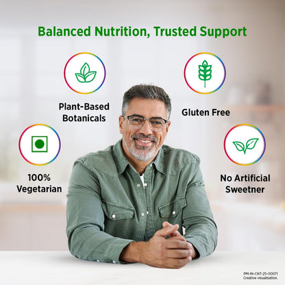 Man in a green shirt with balanced nutrition and trusted support icons around him.