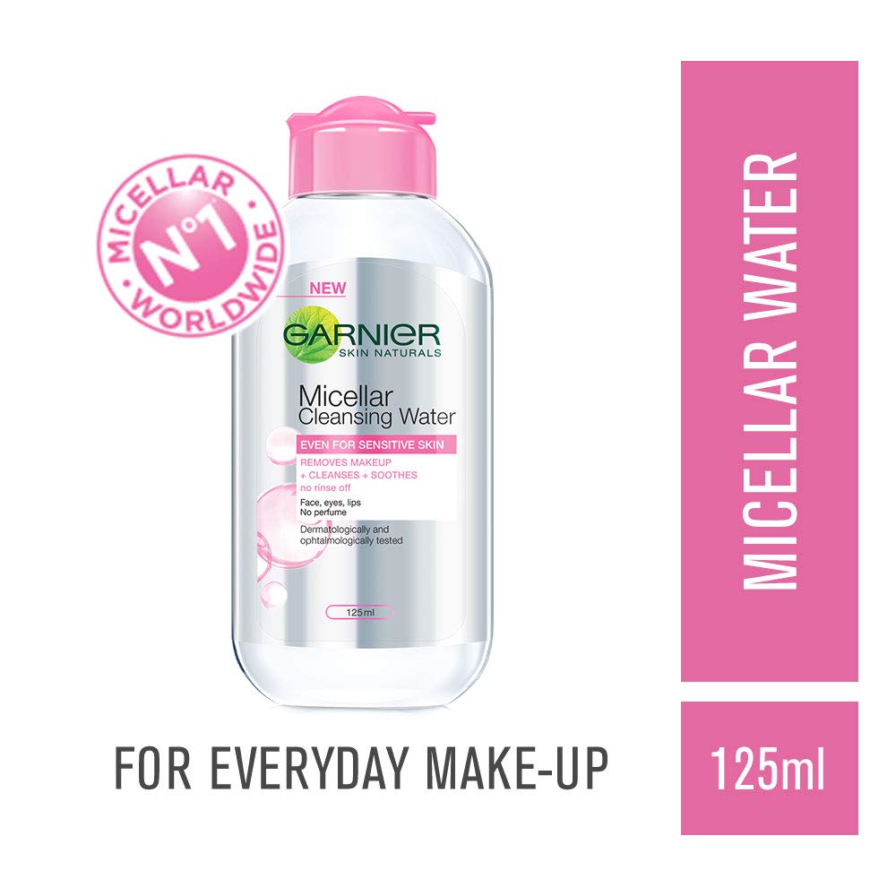 Garnier Micellar Cleansing Water bottle with pink cap on a white background