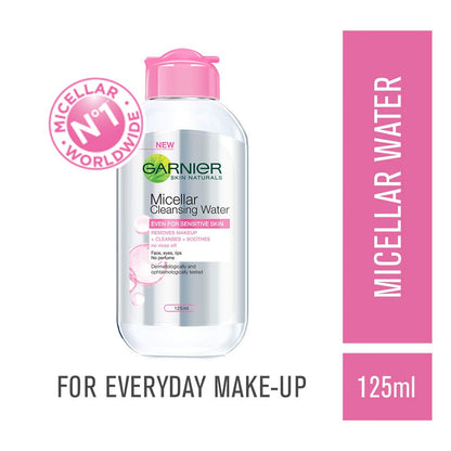 Garnier Micellar Cleansing Water bottle with pink cap on a white background