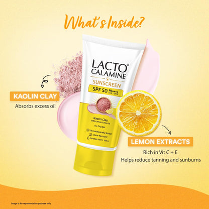 Lacto Calamine sunscreen tube with ingredients kaolin clay and lemon extracts on a yellow background