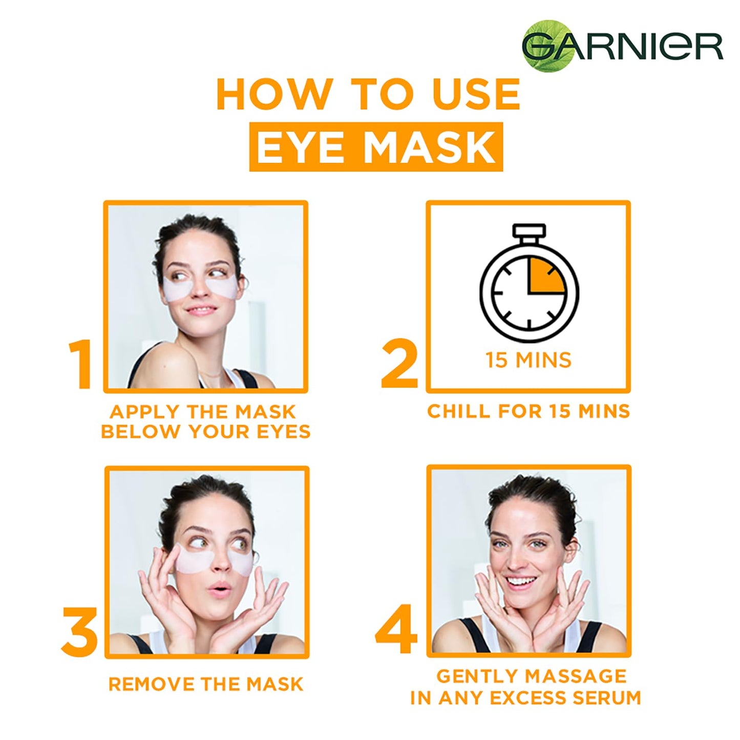 Garnier eye mask usage guide with step-by-step instructions and a woman applying the mask.