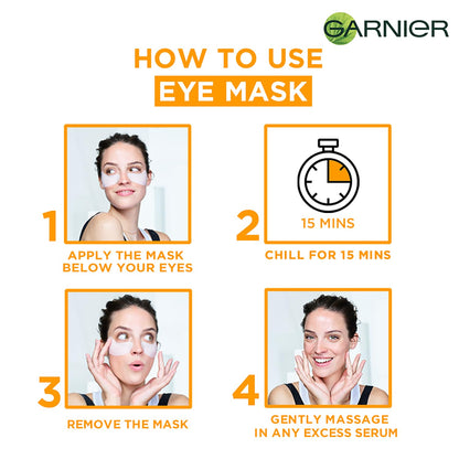 Garnier eye mask usage guide with step-by-step instructions and a woman applying the mask.