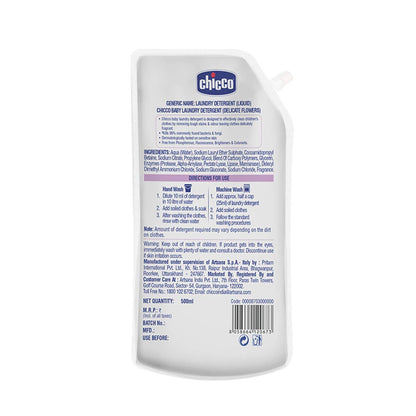 Chicco Baby Liquid Laundry Detergent, 5X Stain & Germ Fighter, Kills 99% of Germs, Dermatologically Tested, Effective & Gentle Cleaning, Delicate Flowers, Refill Pack (500 ML)