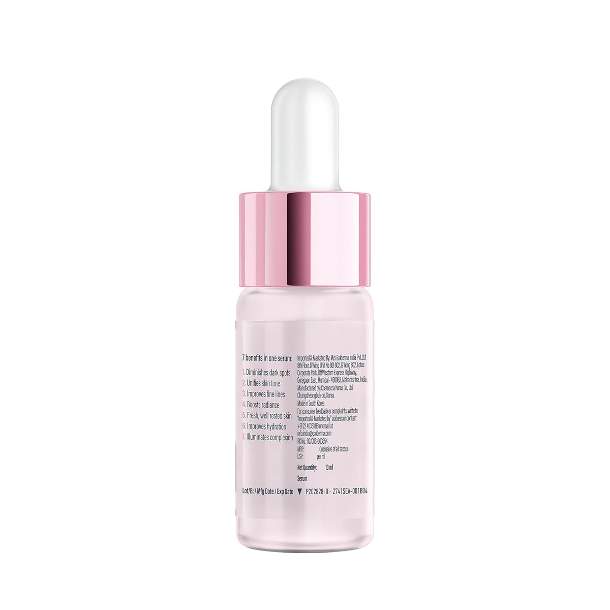 Pink skincare serum bottle with dropper on a white background