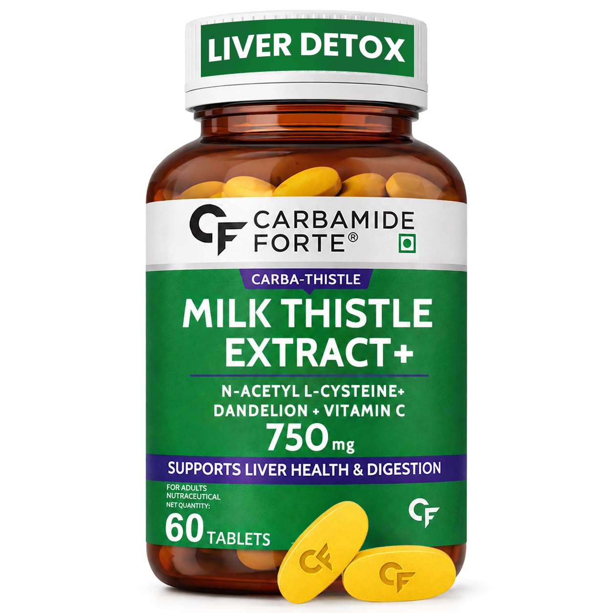 Carbamide Forte Milk Thistle Tablets | Liver Detox Supplement with NAC, Dandelion & Vitamin C | NAC Supplement to support Liver Health & Digestion - 60 tablets