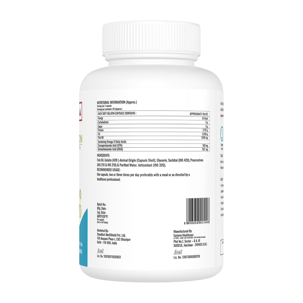 Steadfast Nutrition Fish Oil Omega- 3, 1000mg Triple Strength for Healthy Heart, Brain, Joints & Body (60 Softgel Capsules)