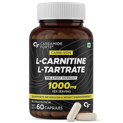 Bottle of Carbamide Forte Carni-Von L-Carnitine L-Tartrate supplement with capsules on a white background