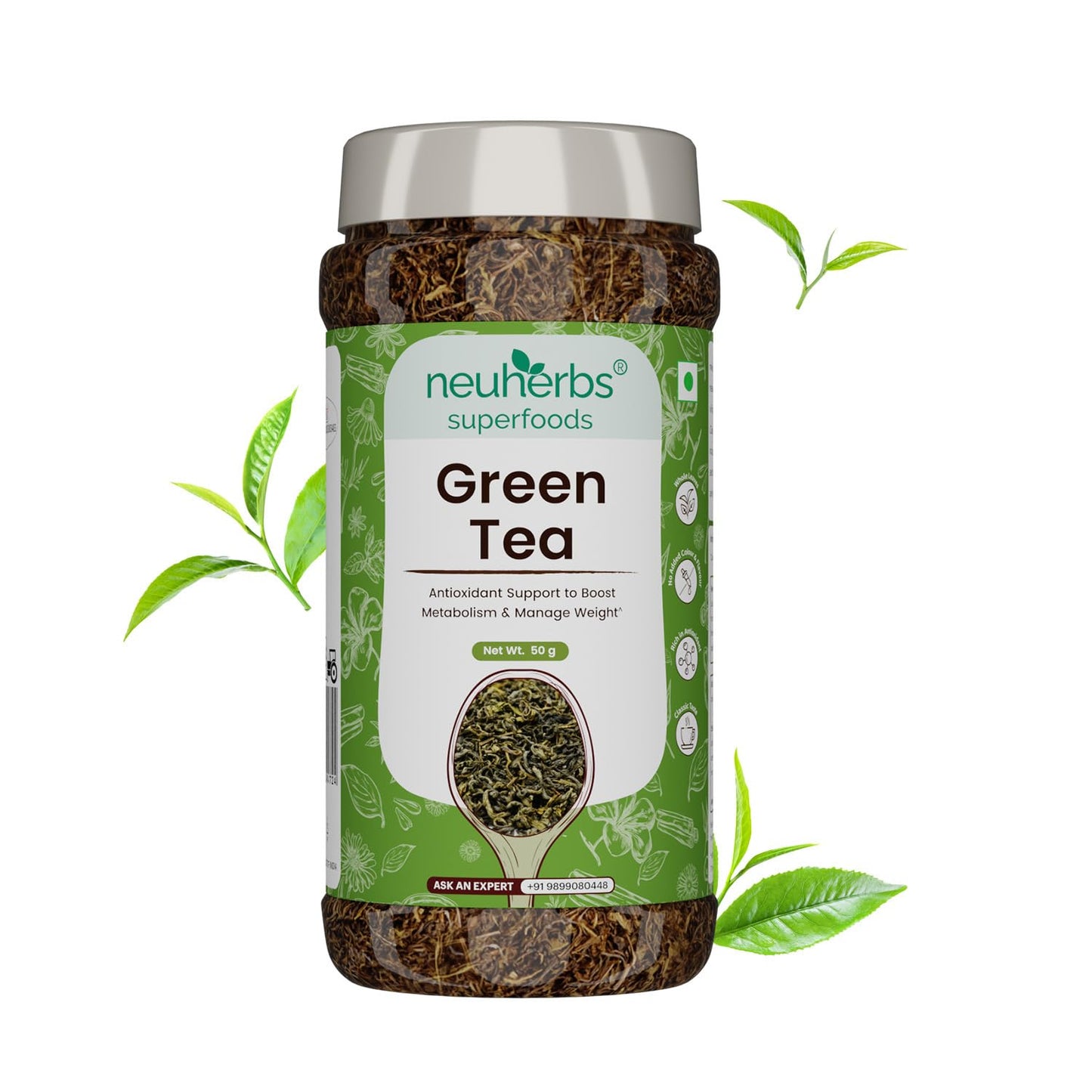 Neuherbs Green Tea (50g Pack of 1) For Weight Management & Boost Metabolism | 100% Clean & Natural Whole Leaves | Rich In Antioxidant | No Artificial Color & Flavor | Healthy & Refreshing