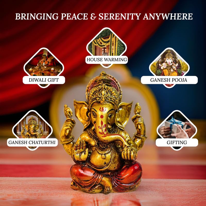 Aura Series Antique Gold Painted Ganesha Idol (5 inch) | Marble Dust Ganesh Murti for Pooja Room, Home Decor, Office Desk | Resin Vinayagar Statue for Diwali Puja | Vinayaka Idol for Gifting