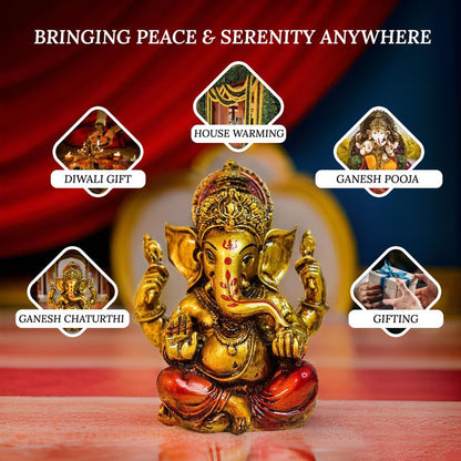 Aura Series Antique Gold Painted Ganesha Idol (5 inch) | Marble Dust Ganesh Murti for Pooja Room, Home Decor, Office Desk | Resin Vinayagar Statue for Diwali Puja | Vinayaka Idol for Gifting