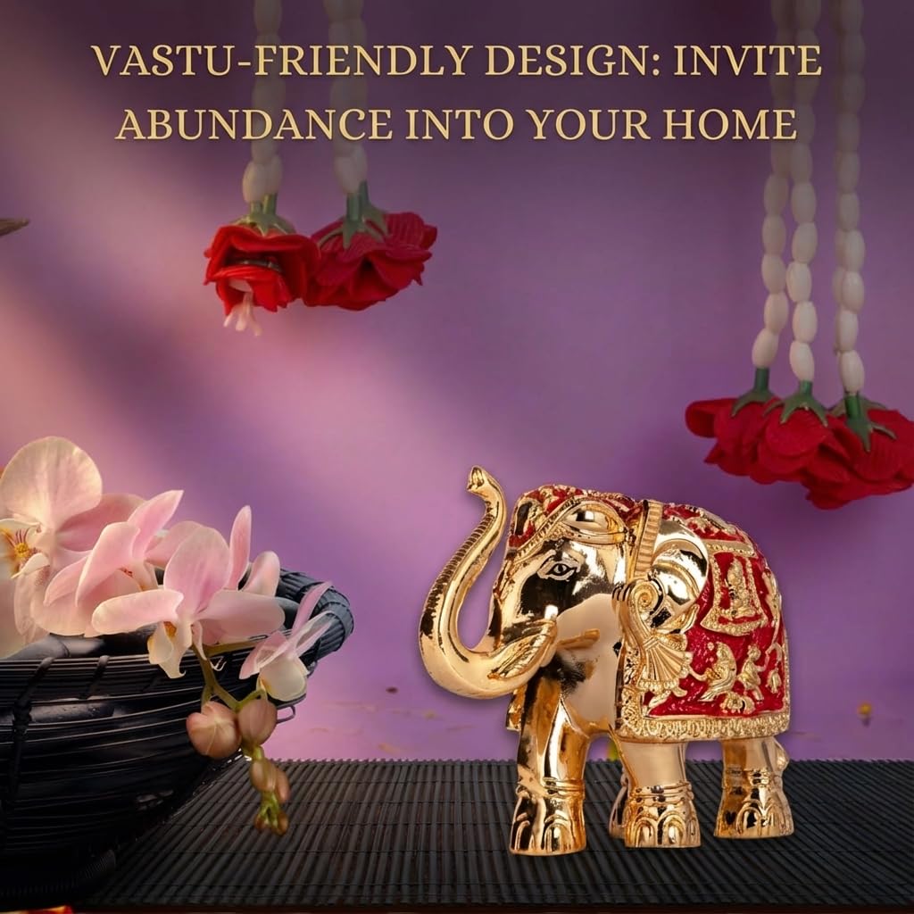 Gold Plated Trunk Up Elephant Idol Showpiece for Vastu, Prosperity, Good Luck, Gifting for House Warming and Home Decor -3 Inches (1, Gold)
