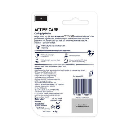 NIVEA MEN Active Care 4.8g Lip Balm|24 H Melt in Moisture Formula|Natural Oils|Nourished Lips,4.8 g (Pack of 1)