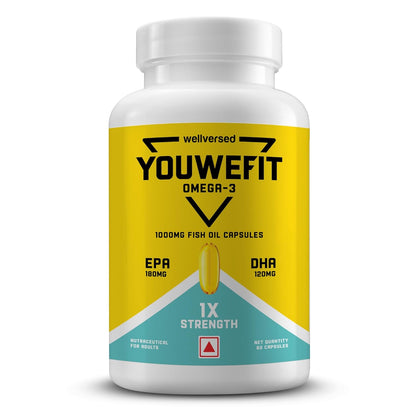 YouWeFit Daily Strength Omega 3 Fish Oil Capsules - 60 Soft Gels With 180mg EPA & 120mg DHA To Supports Heart & Joint Health | Omega 3 Supplement 1000mg