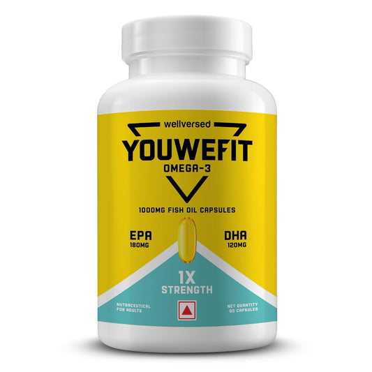 YouWeFit Daily Strength Omega 3 Fish Oil Capsules - 60 Soft Gels With 180mg EPA & 120mg DHA To Supports Heart & Joint Health | Omega 3 Supplement 1000mg