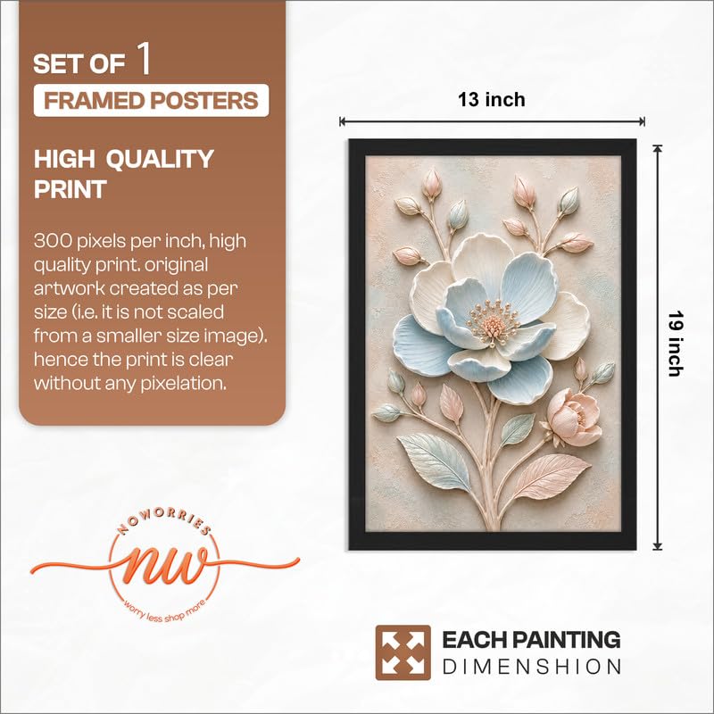 Floral Botanical Wall Painting with Frame | Premium Textured Flower & Leaf Artwork, Pastel Nature Wall Decor Framed for Living Room Bedroom Office and Home Decoration (Art-13,13x19inch)