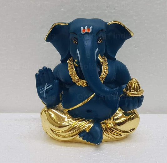 Gold Art India Gold Plated Polyresin Appu Ganesha Dark Blue Ganesh Idol for Car Dashboard Small Ganesha Murti Ganpati Idol for Home Decor Puja Lord Ganesh Statue Gift for Office Desk Puja Room