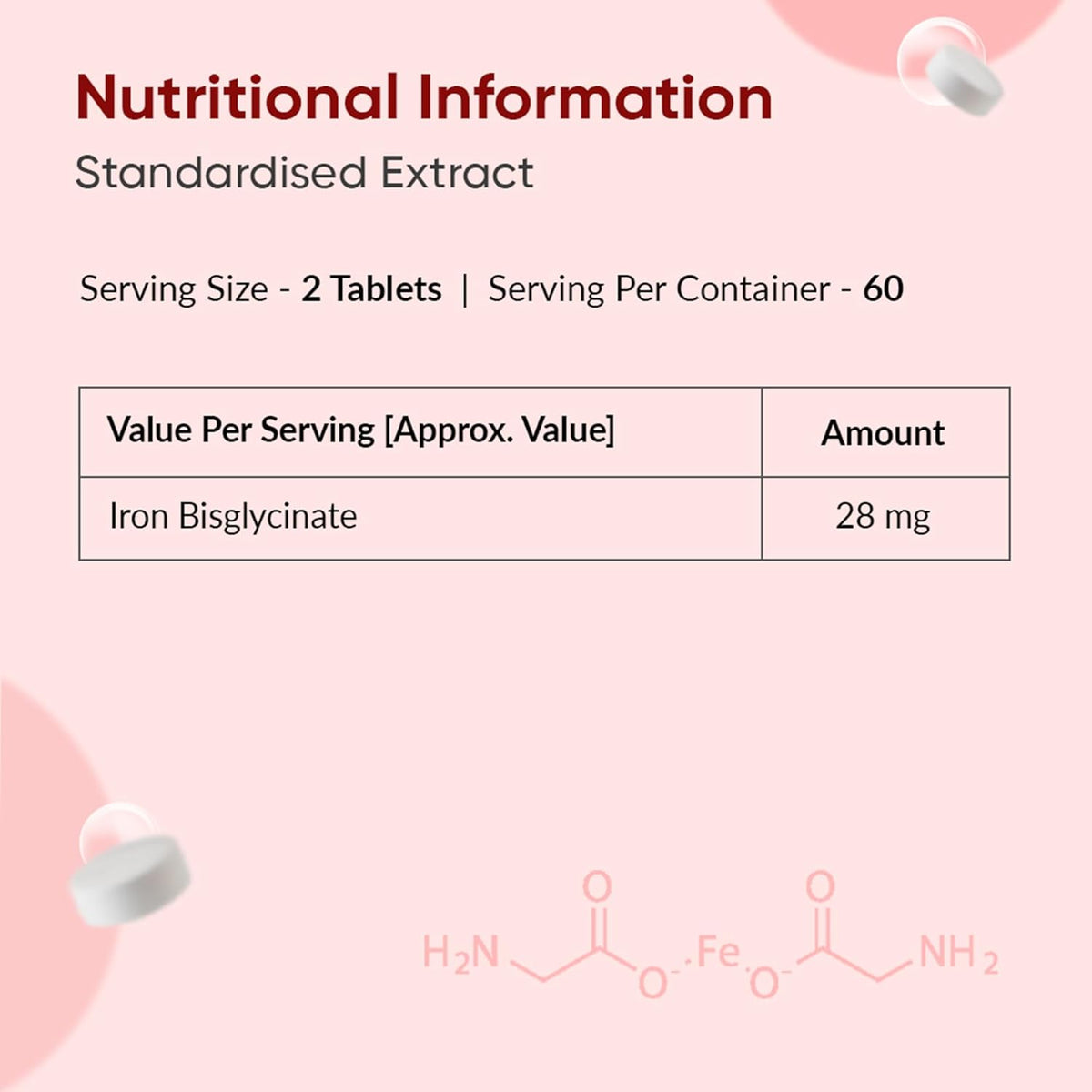 Nutritional information for a standardized extract with iron bisglycinate on a pink background