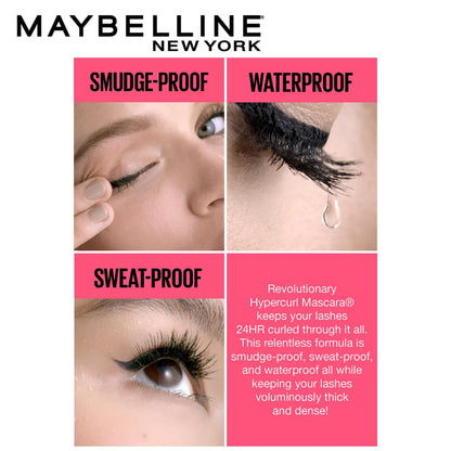 Maybelline New York mascara advertisement with close-up of eyes and text highlighting features.