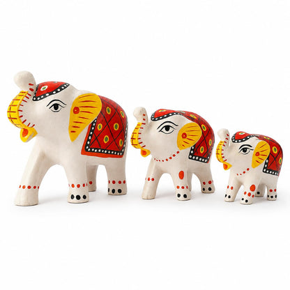 DreamKraft Paper Mache Elephant Showpiece Idols, White, Set of 3