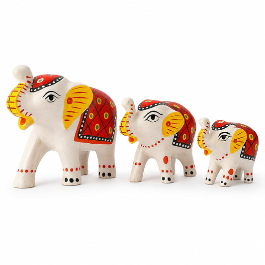 DreamKraft Paper Mache Elephant Showpiece Idols, White, Set of 3
