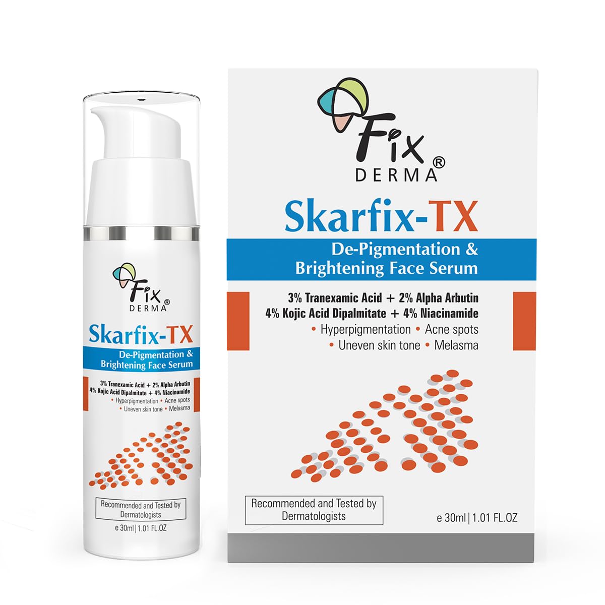Fixderma Skarfix-TX Face Serum with 4% Kojic Acid, 4% Niacinamide Serum, 3% Tranexamic Acid & 2% Alpha Arbutin | Treats Hyper Pigmentation & Melasma | Reduce Acne Spots | brightening the Skin - 30ml
