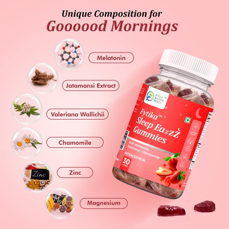Fytika Sleep Eazzz Gummies packaging with ingredients on a pink background