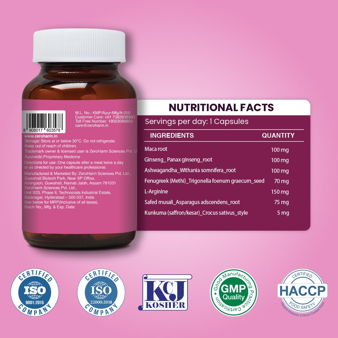 ZEROHARM Narie Desire Lift | with Maca Root, Ginseng, Ashwagandha, Safed Musli, L-Arginine for Intimate Wellness, Confidence, & Energy for Women - Plant Based Supplement - 60 Nano Formulated Capsules